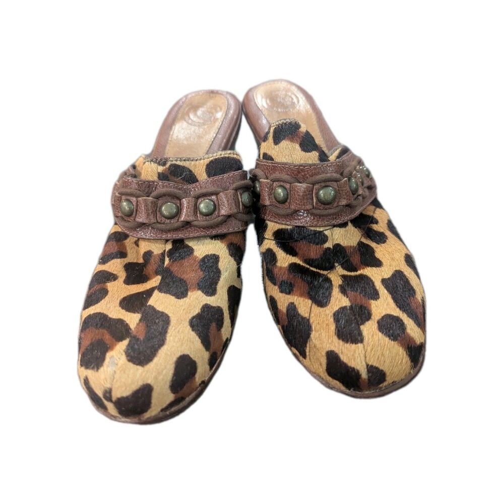 Nurture Clogs Womens 7.5 M Brown Leopard Leather Calf Hair Studded Slip On Shoes